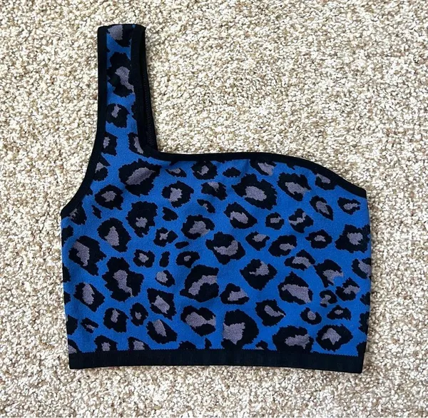 Free People Movement Free Throw One Shoulder Crop Top Spotted Leopard Blue XS/S - Image 4