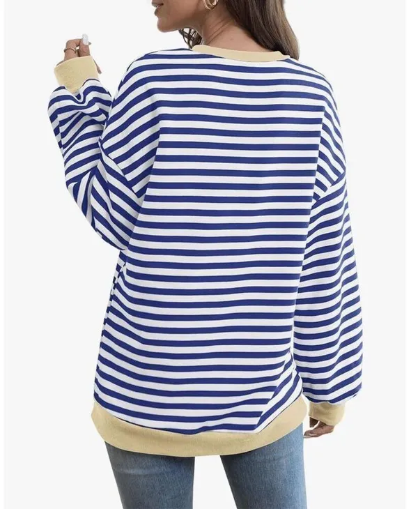 NEW Striped Crewneck Oversized Sweatshirt Pullover Sweater M Blue Size M - Image 2