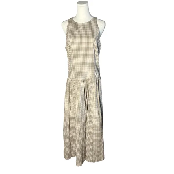 Abercrombie & Fitch Light Brown Check High Neck Drop Waist Sleeveless Midi Dress - Image 5