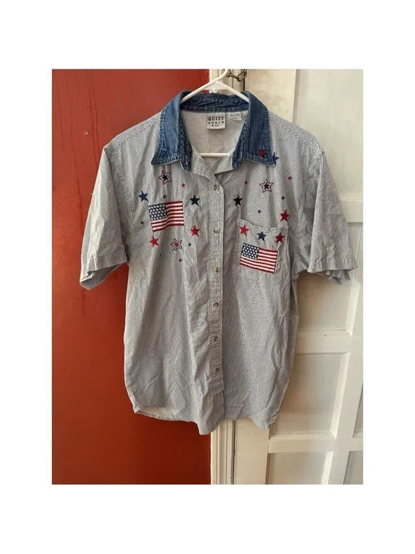 Vintage Quizz Again & Co. Flag Patriotic Cotton Embroidered Shirt Holiday USA - Image 7