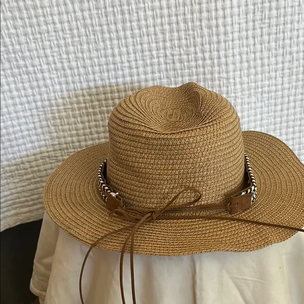 Lulla Collection Stylish Tan Woven Hat with Patterned Band - Image 3