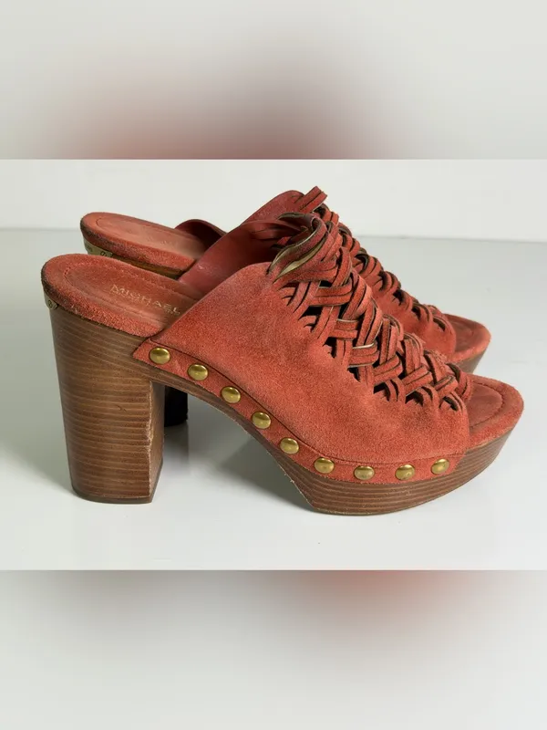 Michael Kors Women’s Sz 9 Rust Suede Woven Studded Platform Clog Heel Sandals - Image 7