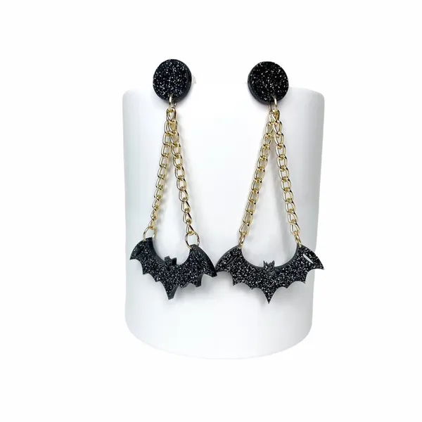 Halloween Spooky Black Acrylic Bat‎ Dangle Gold Chain Earrings - Image 2