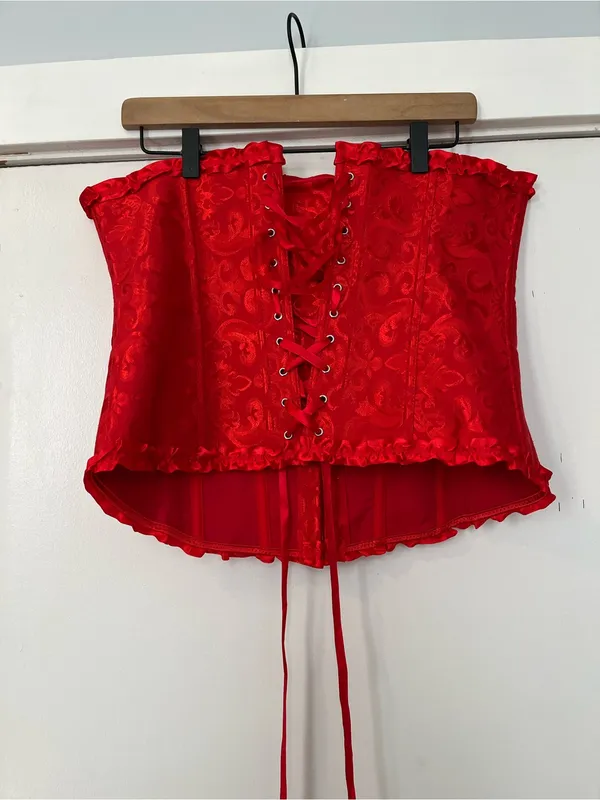 Red Satin Brocade Corset Top Women Intimates lace up strapless plus size 2XL - Image 3