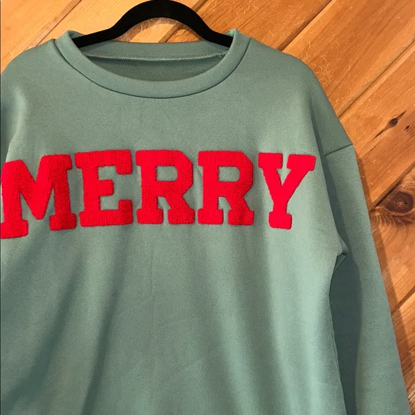 “Merry” holiday/christmas green & red crewneck pullover - Image 3