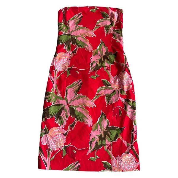 Helen Wang New York Red Tropical Floral Strapless Midi Sheath Dress Size 4 - Image 2