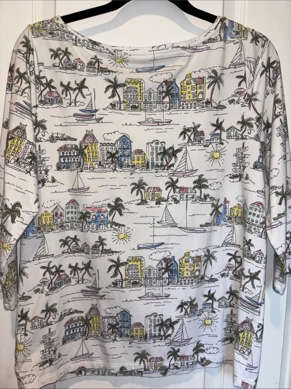Talbots Cotton Top With Seaside Village Design Size Oversized Xl 3/4” Sleeves - Image 4