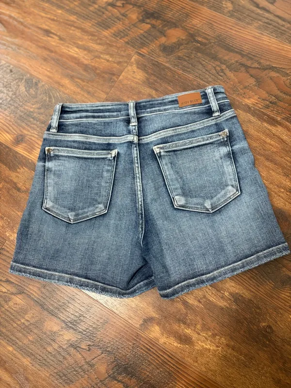 Judy Blue Distressed Dark Blue Denim Shorts size small stretchy - Image 3