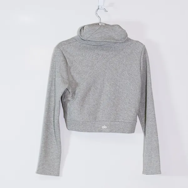 Alo Soleil Cotton Blend Turtleneck Cropped Pullover Long Sleeve Sweater Gray S - Image 4