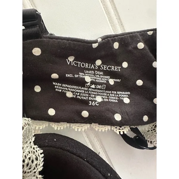 Victoria Secret Lined Demi Bra 36C Black Polka Dot Lace Bow Lingerie Pinup Retro - Image 4