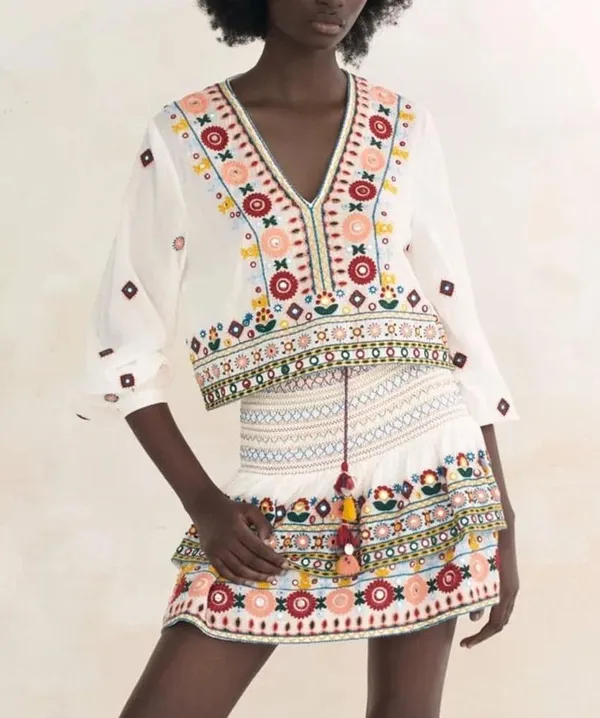 Zara Embroidered Set embellished beaded skirt top boho colorful long sleeve crop - Image 13