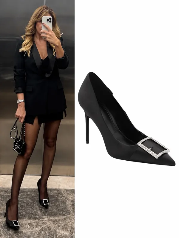 Mango Satin Pointed Toe Heel Pump with Buckle Black Size 37/ 6.5 - Image 2