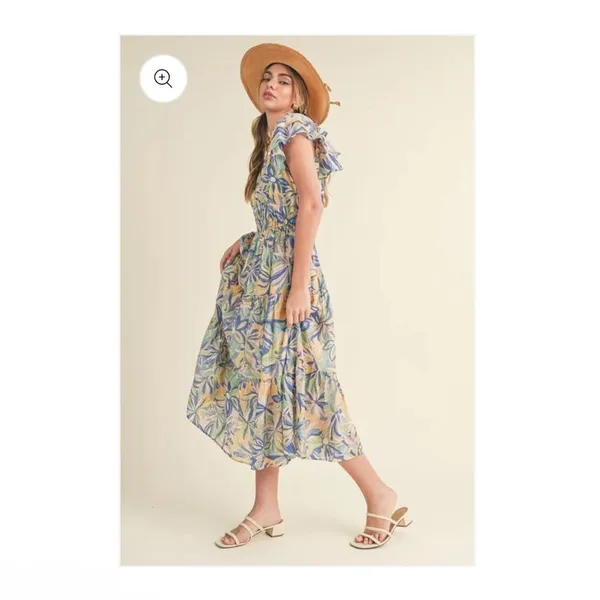 &merci Love Forever Floral Print Cut Out‎ Back Midi Dress Blue Multi M - Image 5