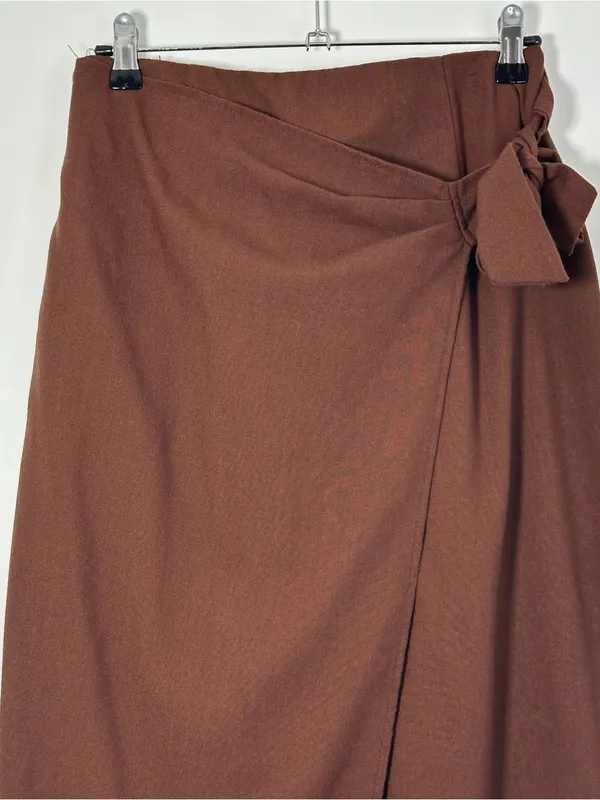 SHEIN Brown Wrap Midi Skirt Women’s Medium M Side Tie Linen Blend - Image 2