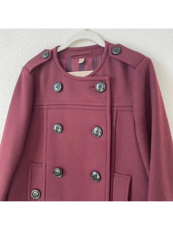 Burberry Brit Antwood Double Breasted Collarless Coat Burgundy Size 8 Luxury - Image 3