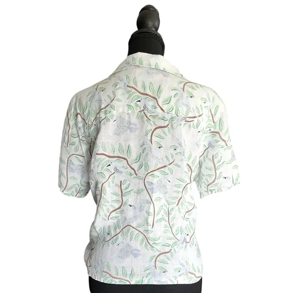 Cynthia Rowley Womens White 100% Linen Nature Shirt Bird Floral Short Sleeve M‎ - Image 2