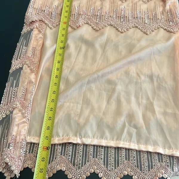 Peach Pink Beaded Sequin‎ High Low Formal Dress Long Sleeve Pearl Detail Gown - Image 7