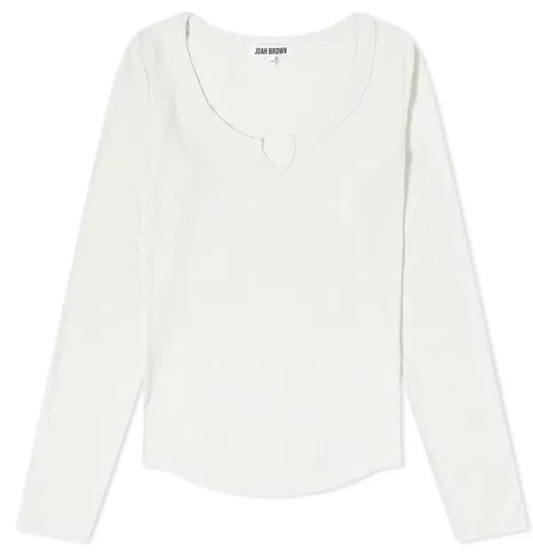 Joah Brown White Henley Long Sleeve T-Shirt Top, S/M - Image 2