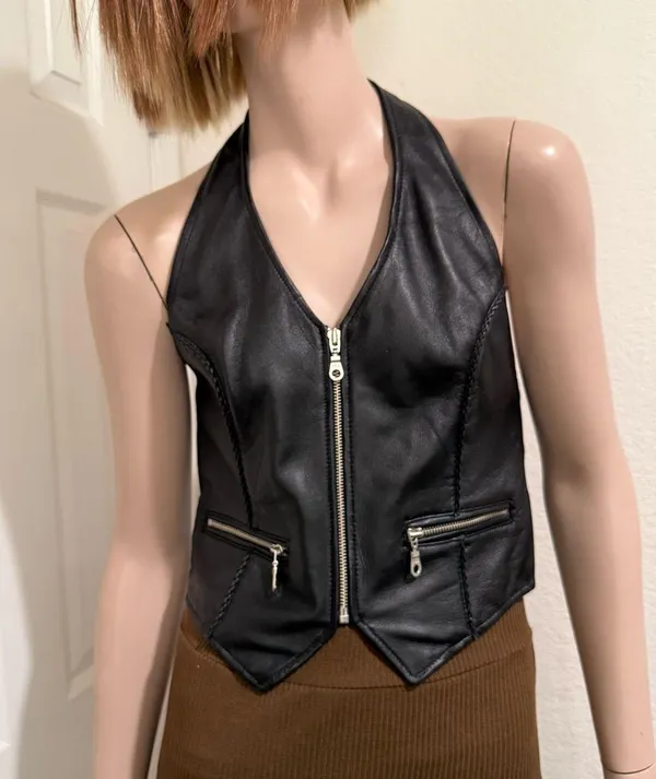 Vintage FIRST Black 100% Genuine Leather Biker Vest Women’s Halter Vest Size M - Image 3