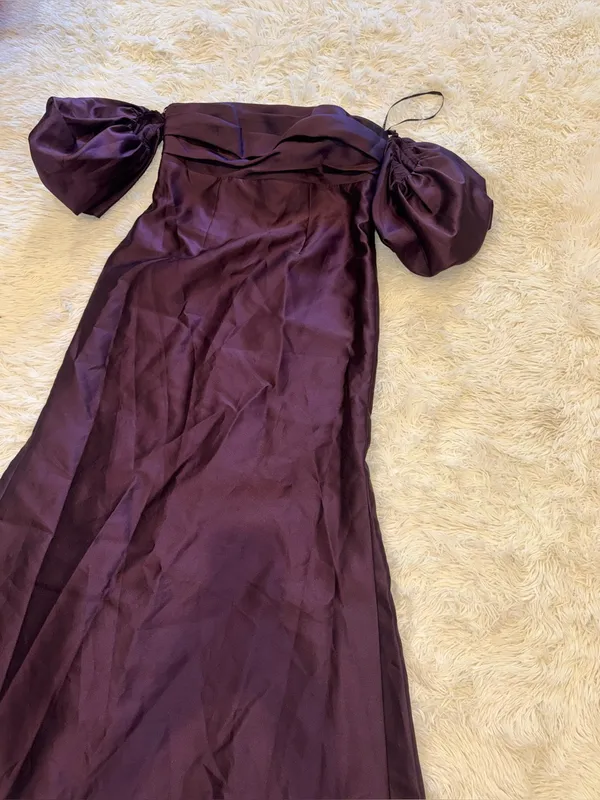 NEW Alfred Sung Off the Shoulder Puff Sleeve deep plum Satin Gown Sz 16 - Image 5