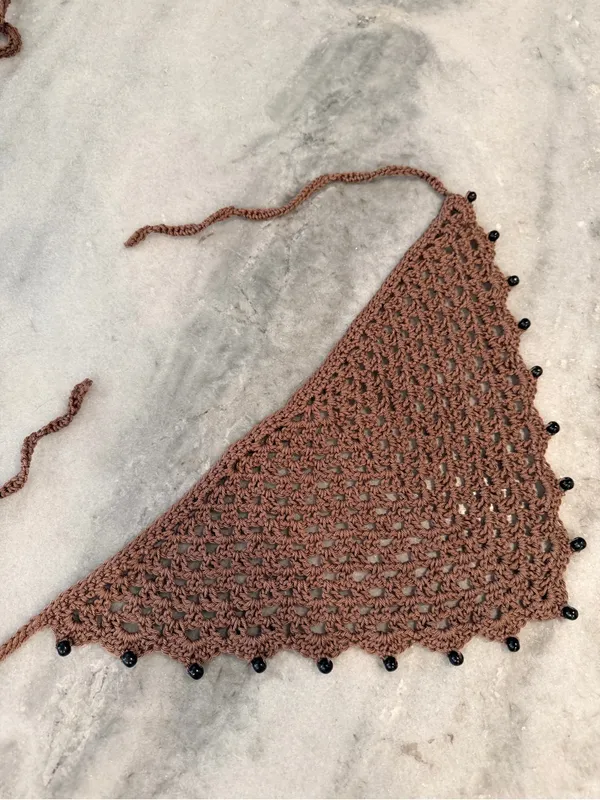 Handmade Crochet Wood Beaded Kerchief Head Scarf Cotton Boho Bandana Cottagecore - Image 2