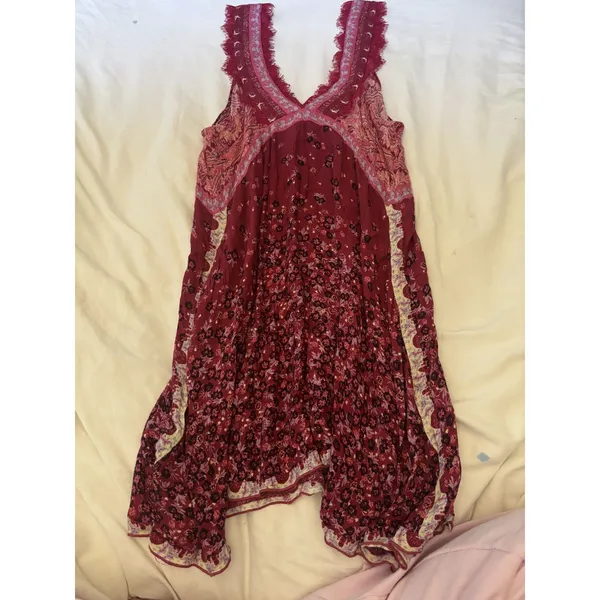Free People Boho Floral Paisley Midi Dress Burgundy Pink Lace Handkerchief Hem - Image 4