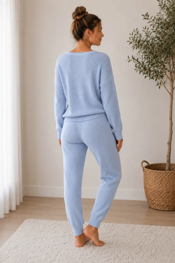 Light Blue Ribbed Knit Lounge Set Size L - Image 2