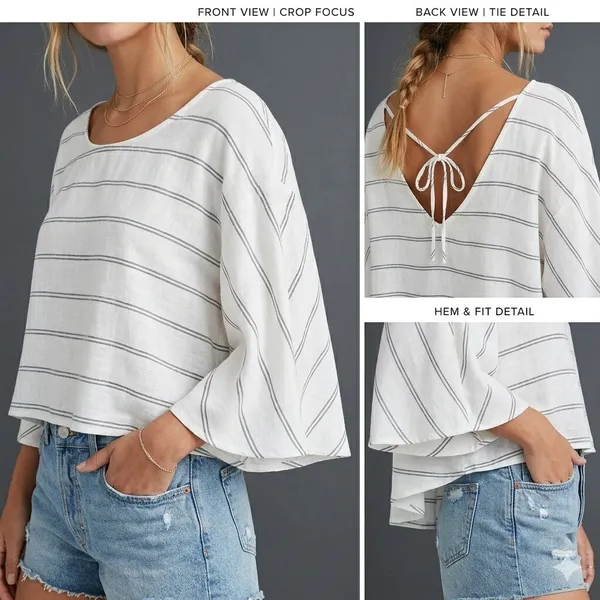 VICI Crop Top Womens XS White Striped Tie Back‎ Boho Flowy Bell Sleeve Blouse - Image 2