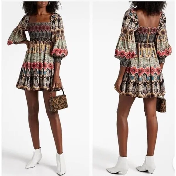 Alice Olivia Julissa Mini Dress Women’s‎ 6 Empire Waist Puffed Sleeve Smocked - Image 2