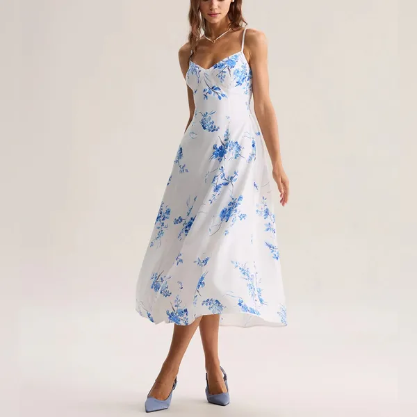 Rihoas Blue Floral Shirred A-Line Slip Maxi Dress - Image 4