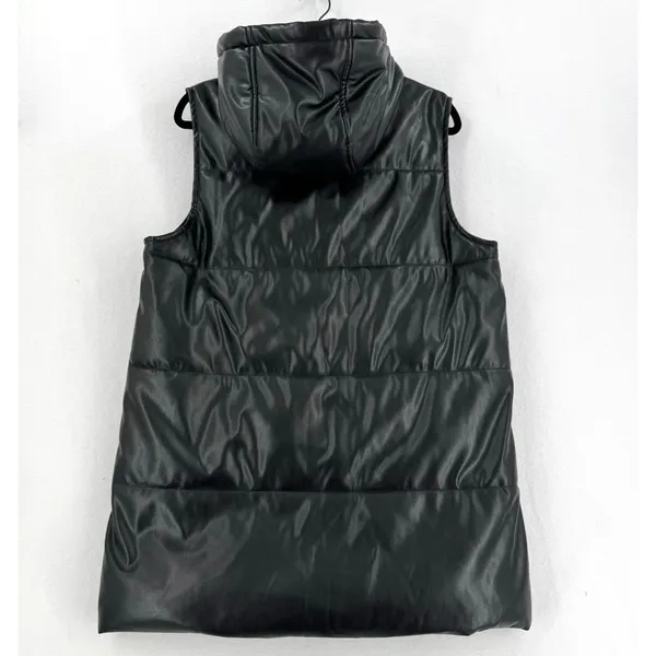 Vigoss Women L Black Faux Leather Hooded Long Puffer Vest Zip Pockets Moto Edgy - Image 2