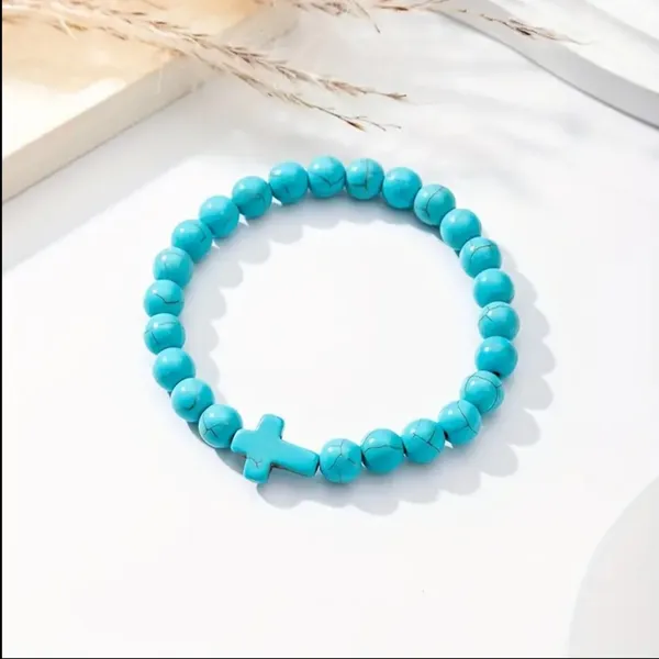 Lovely Faith Vintage-Inspired Turquoise‎ Beaded Bracelet with Cross Pendant - Image 4