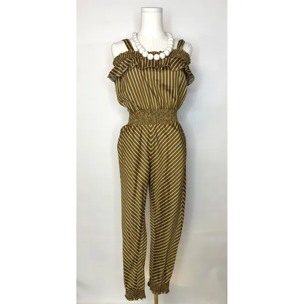 RW&A Rwanda Clothing Women Olive Striped Cold Shoulder Smocked Waist Jumpsuit - Image 2