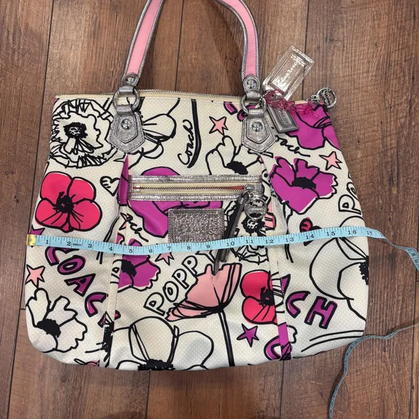 Coach Poppy Floral Graffiti Satin Tote Bag Purse 16306 Excellent Condition Charm - Image 8