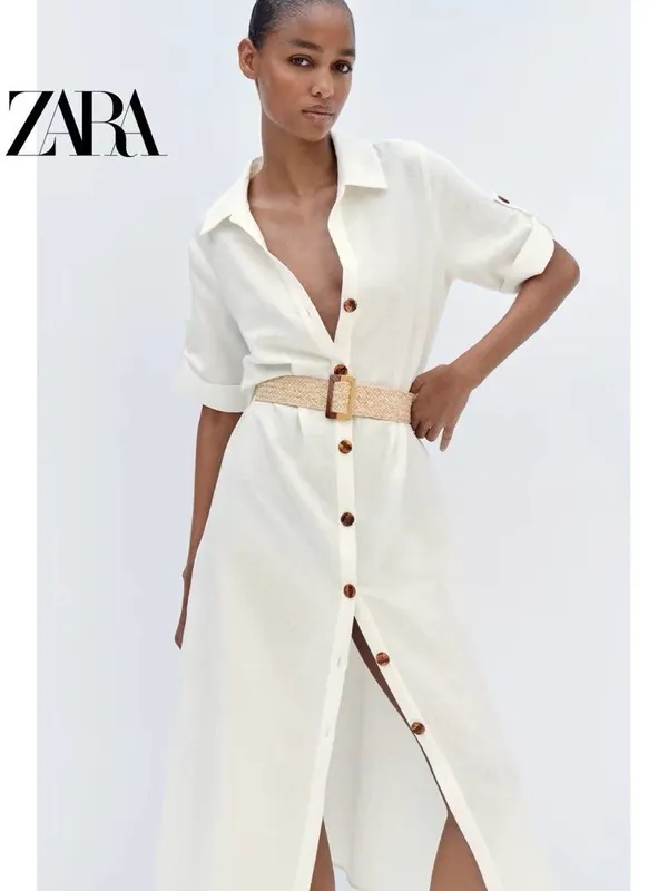 ZARA Cream Button-Front Midi Shirt Dress with Woven Belt - Image 2