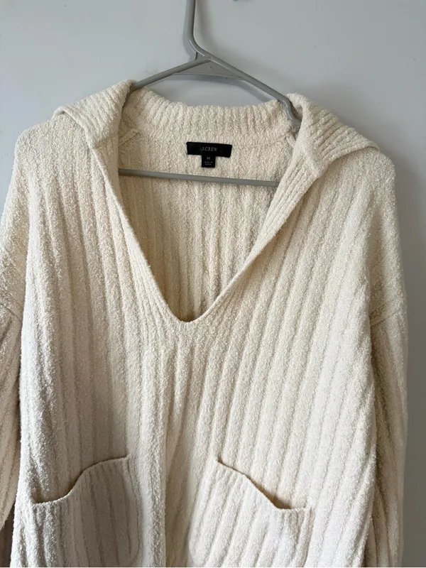 J. Crew Cozy Cream V-Neck Hooded Sweater with Pockets Ribbed Beige Cream Size M - Image 7
