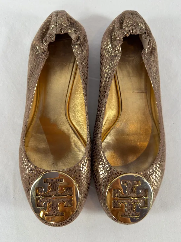 Tory Burch Snake Embossed Large Metal Logo Ballet Flat in Light Brown Gold 8.5 - Image 2