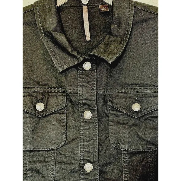 Black Denim Trucker Jacket Womens Large Fitted Button Up Grunge Goth Streetwear - Image 4