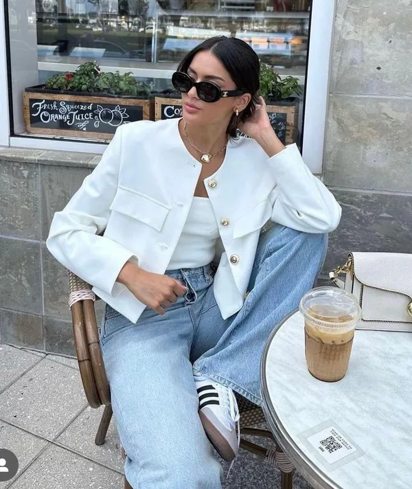 Zara blazer jacket textured double breasted white golden buttons office casual - Image 2