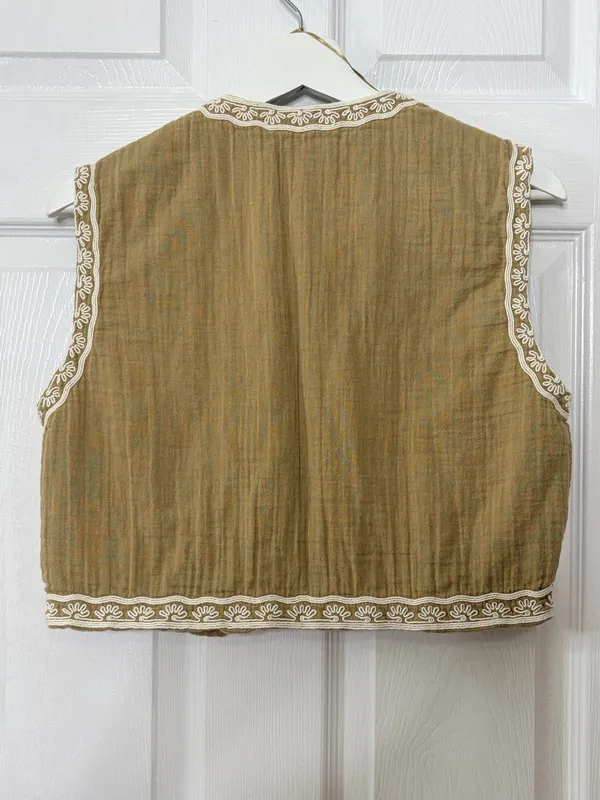 ZARA Embroidered Floral Boho Vest Tan Bohemian Cottagecore Festival Romantic M - Image 4