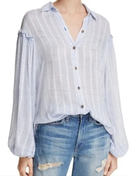Free People Light Blue & White Striped Button-Down Top - Image 2