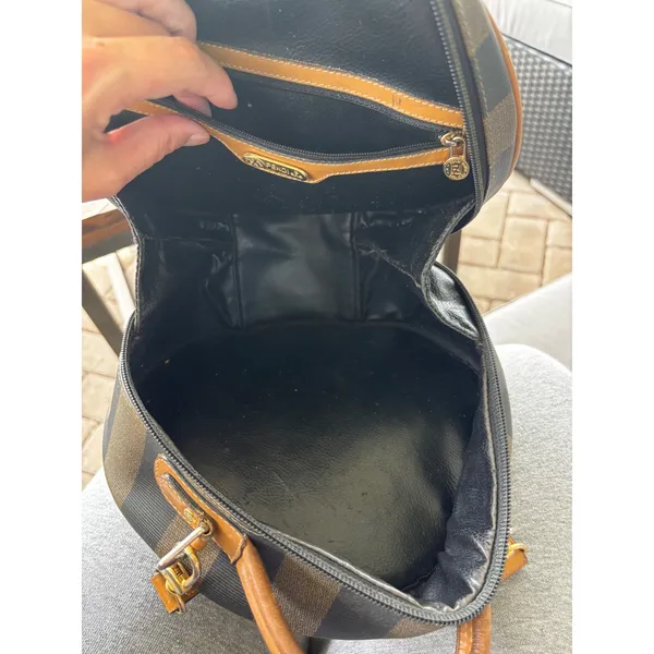 Fendi Pequin Canvas Round Hatbox Bag 10" Brown Black Vintage 80s Crossbody - Image 9