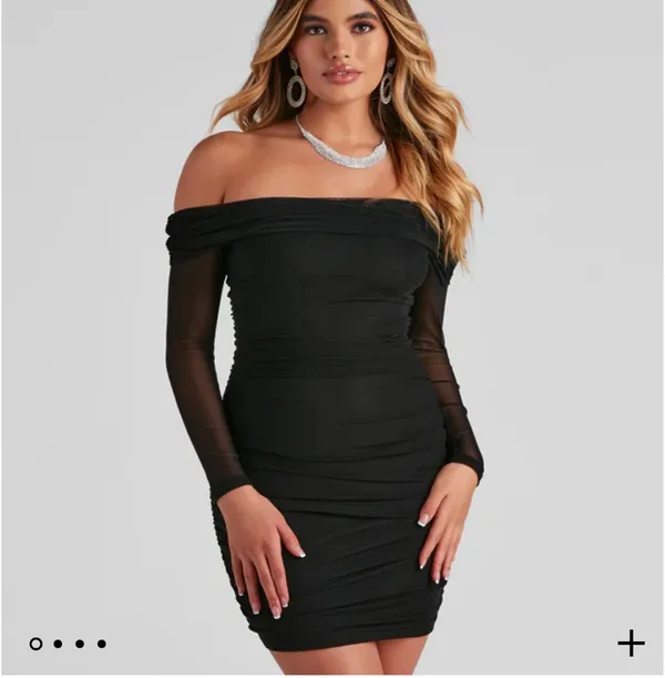 Black Off the Shoulder Long Sleeve Mesh Bodycon Mini Dress - Image 2