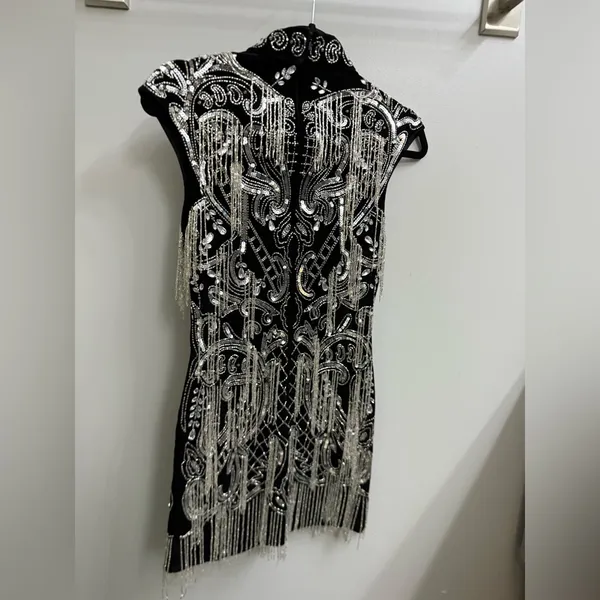 ASOS petite design High neck all over embellished mini dress in black size 6 - Image 2