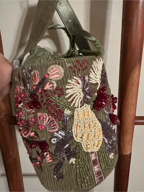 From India to You Beaded Botanical Corduroy Bucket Bag - Image 4