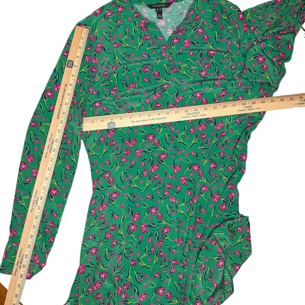 Long Tall Sally Green Button Front Midi Dress US 12 Large Shift Pink Floral - Image 11