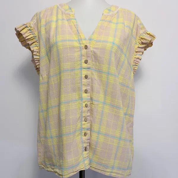 Democracy Blouse 1X Yellow Plaid Ruffle Cap Sleeve Button Front Cottagecore - Image 2