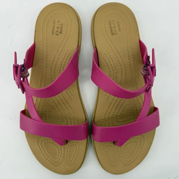 Crocs Tulum Toe Post Sandal Flip Flop Fuchsia Pink Tan Women 6 Buckle Straps - Image 3