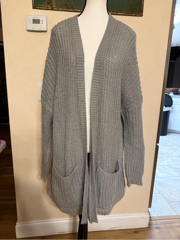 FREE PEOPLE Sz Small WEEKEND ESCAPE OPEN FRONT CARDIGAN SWEATER HEATHER GREY - Image 3