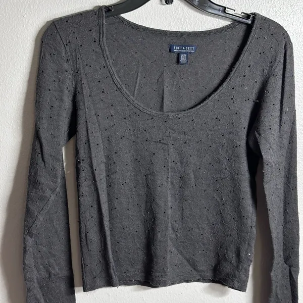American Eagle Women Lace Long Sleeve Gray‎ Crop Top XS - Image 2